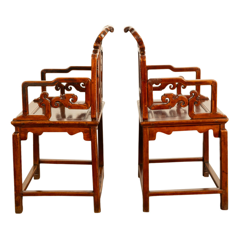 Pair Antique Ming Style Chinese Qing Carved Hardwood Gilt Lacquer Throne Chairs