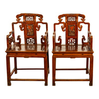 Pair Antique Ming Style Chinese Qing Carved Hardwood Gilt Lacquer Throne Chairs