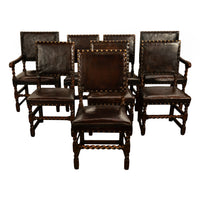 Antique Set 8 English Oak & Leather Barley Twist Baroque Dining Arm Chairs 1880