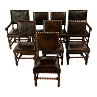 Antique Set 8 English Oak & Leather Barley Twist Baroque Dining Arm Chairs 1880