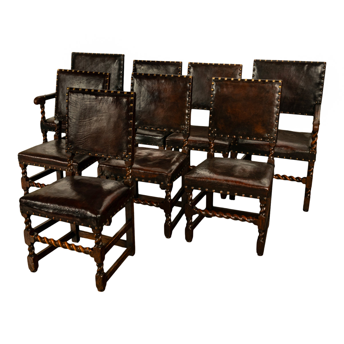 Antique Set 8 English Oak & Leather Barley Twist Baroque Dining Arm Chairs 1880