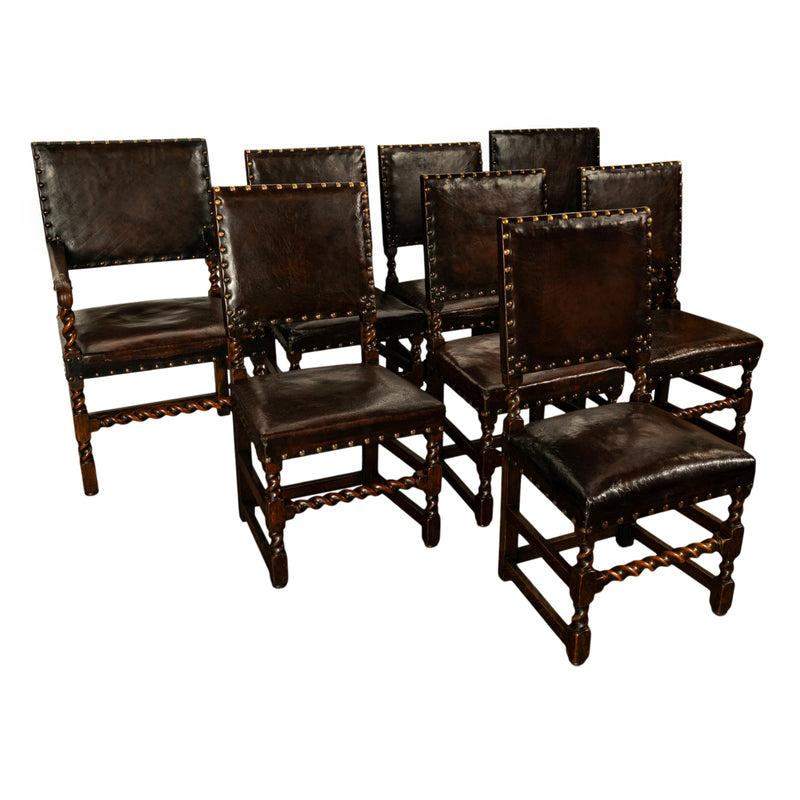 Antique Set 8 English Oak & Leather Barley Twist Baroque Dining Arm Chairs 1880