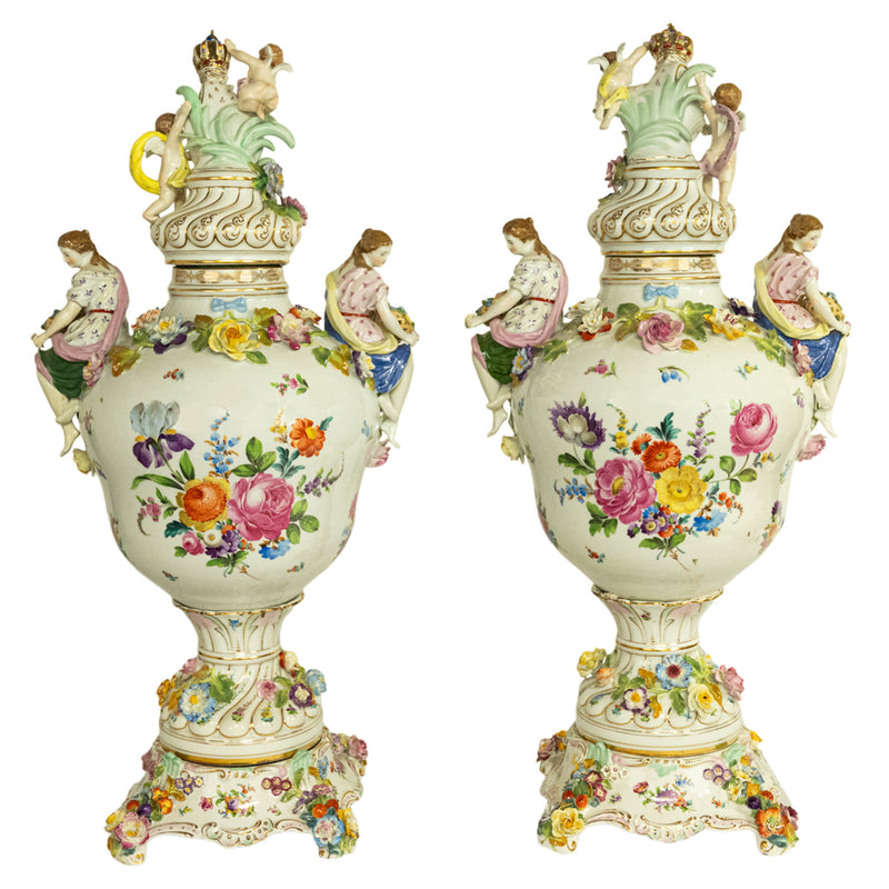 Pair Antique Carl Thieme Potschappel Dresden Lidded Vases Pedestals Sevres 1880