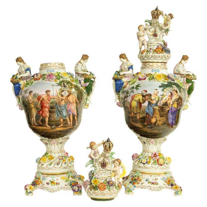 Pair Antique Carl Thieme Potschappel Dresden Lidded Vases Pedestals Sevres 1880