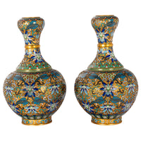 Pair Antique Chinese Qing Republic Dynasty Cloisonné Champlevé Vases 1910