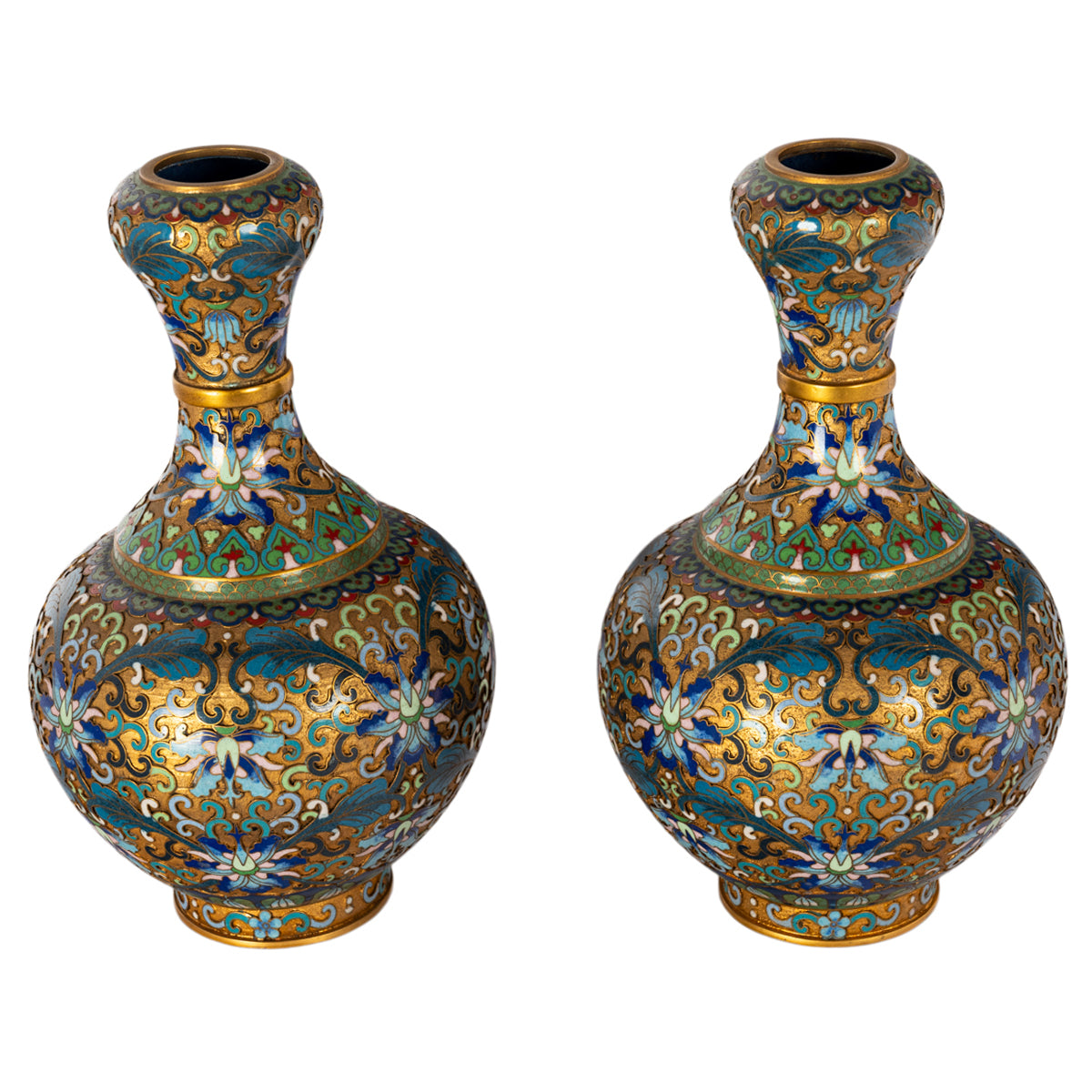 Pair Antique Chinese Qing Republic Dynasty Cloisonné Champlevé Vases 1910