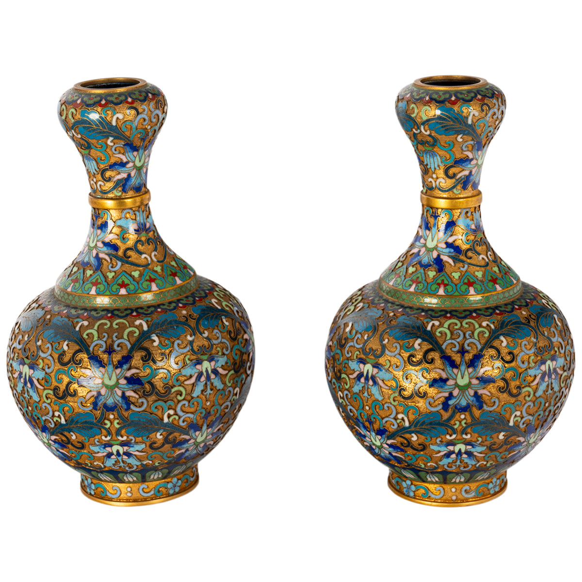 Pair Antique Chinese Qing Republic Dynasty Cloisonné Champlevé Vases 1910