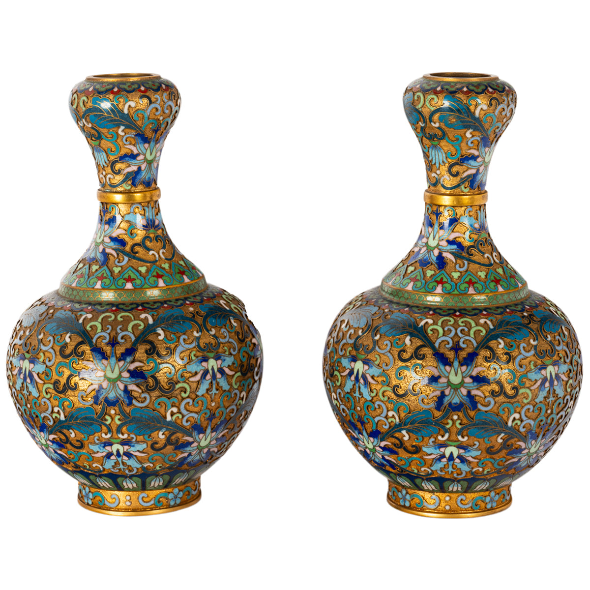 Pair Antique Chinese Qing Republic Dynasty Cloisonné Champlevé Vases 1910