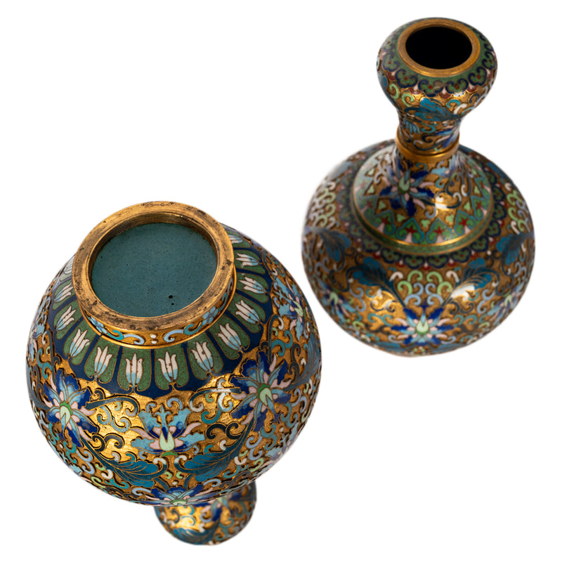 Pair Antique Chinese Qing Republic Dynasty Cloisonné Champlevé Vases 1910