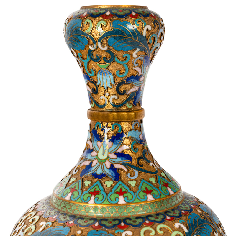 Pair Antique Chinese Qing Republic Dynasty Cloisonné Champlevé Vases 1910