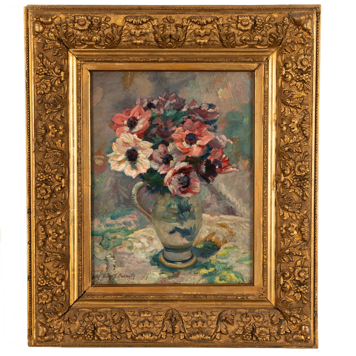 Antique French Impressionist Oil on Canvas Painting Floral Still Life By Jules-François Bernard 1920