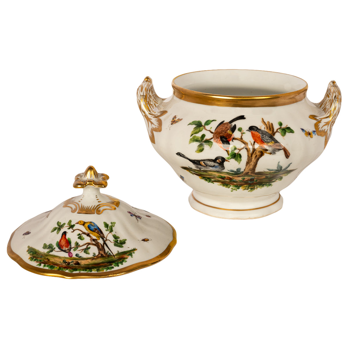 Antique 19th Century German KPM Porcelain Lidded Bowl Tureen Birds Butterflies