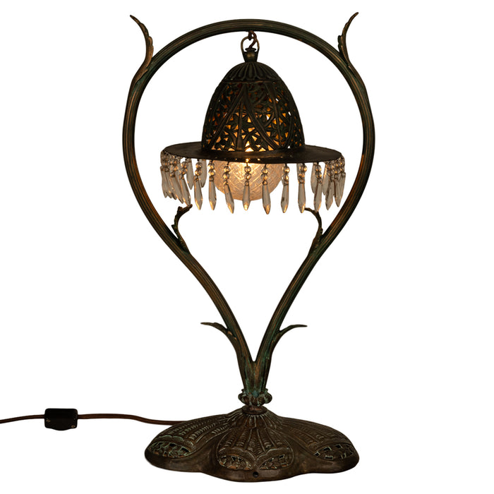Antique Austrian Art Nouveau Organic Style Bronze & Glass Prisms Table Lamp 1900