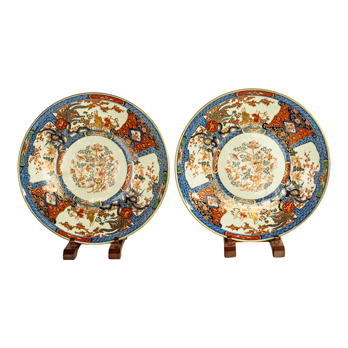 Monumental 22" Pair Antique Japanese Meiji Porcelain Imari Chargers Plates 1880