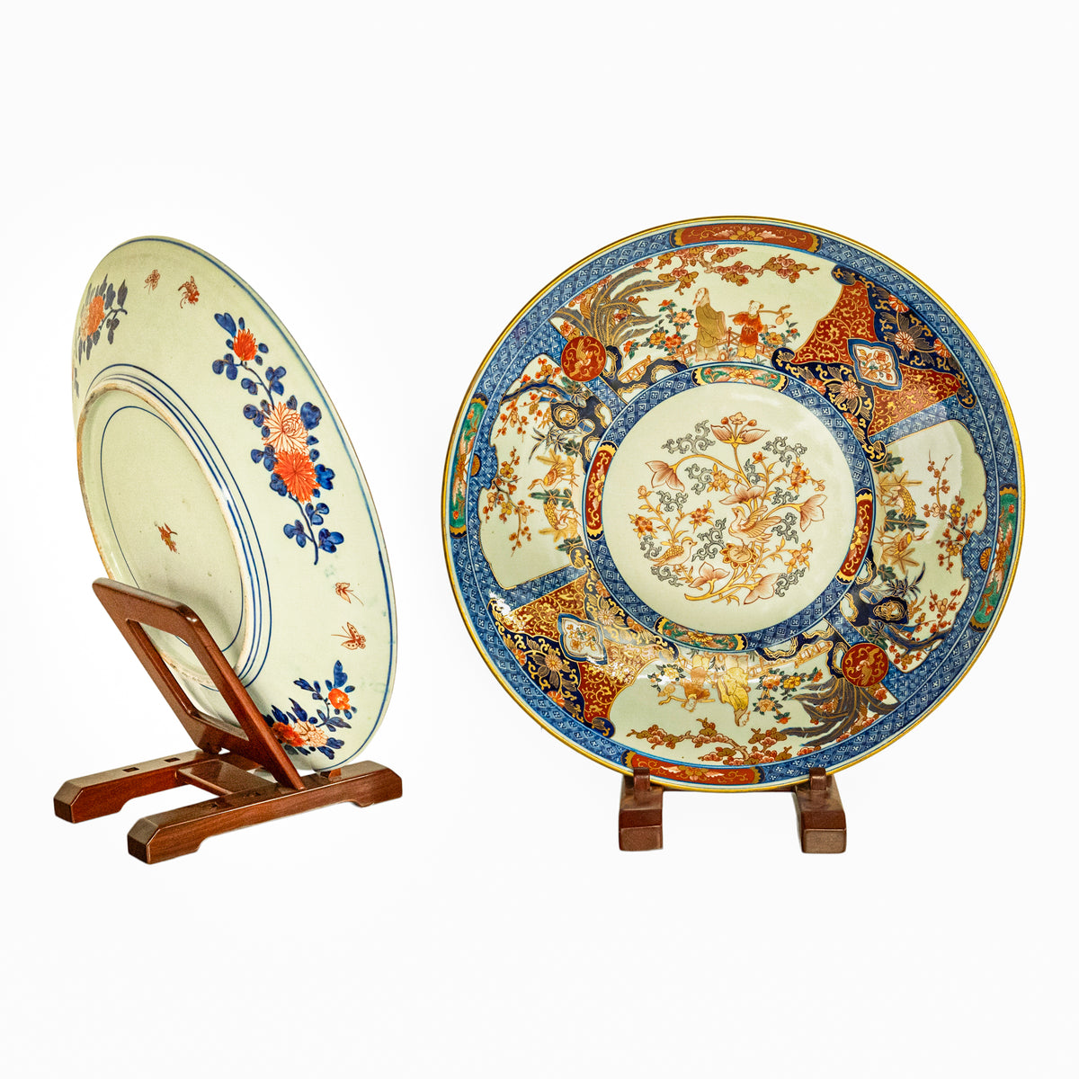 Monumental 22" Pair Antique Japanese Meiji Porcelain Imari Chargers Plates 1880