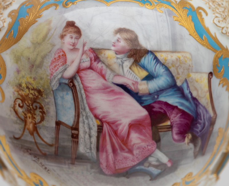 Pair Antique French Sevres Handpainted Gilded Ormolu Porcelain Urns signed 1890