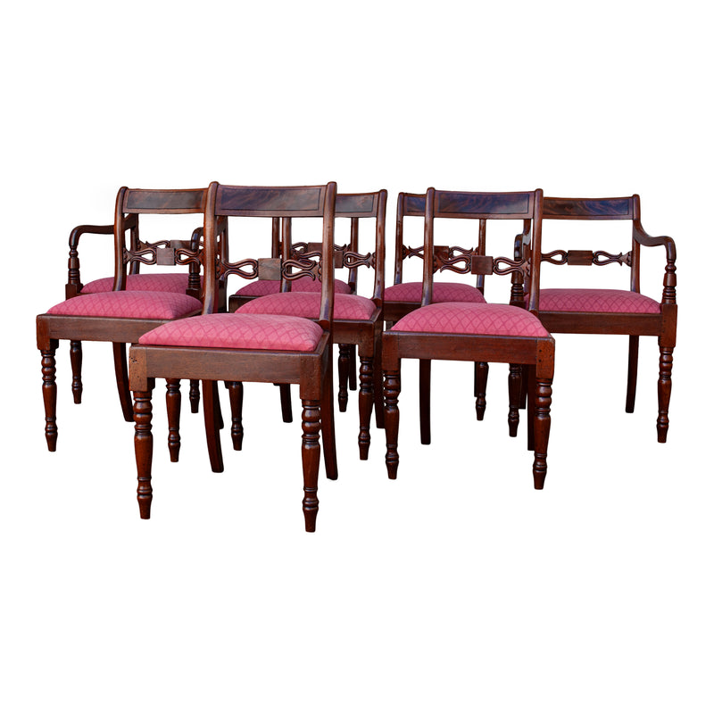 Antique Set Eight Georgian Regency Flame Mahogany Dining Chairs Armchairs 1820