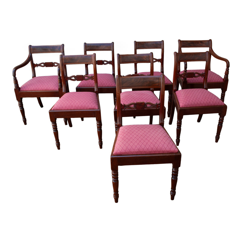 Antique Set Eight Georgian Regency Flame Mahogany Dining Chairs Armchairs 1820