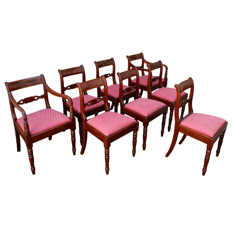 Antique Set Eight Georgian Regency Flame Mahogany Dining Chairs Armchairs 1820