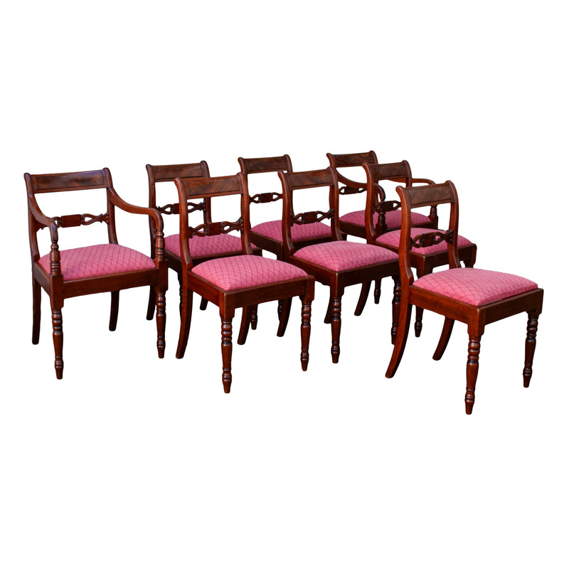 Antique Set Eight Georgian Regency Flame Mahogany Dining Chairs Armchairs 1820