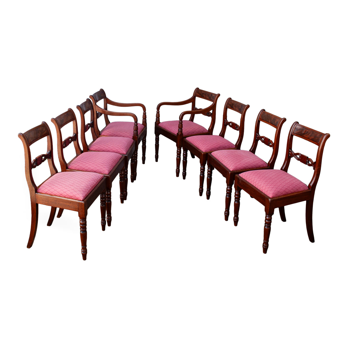 Antique Set Eight Georgian Regency Flame Mahogany Dining Chairs Armchairs 1820