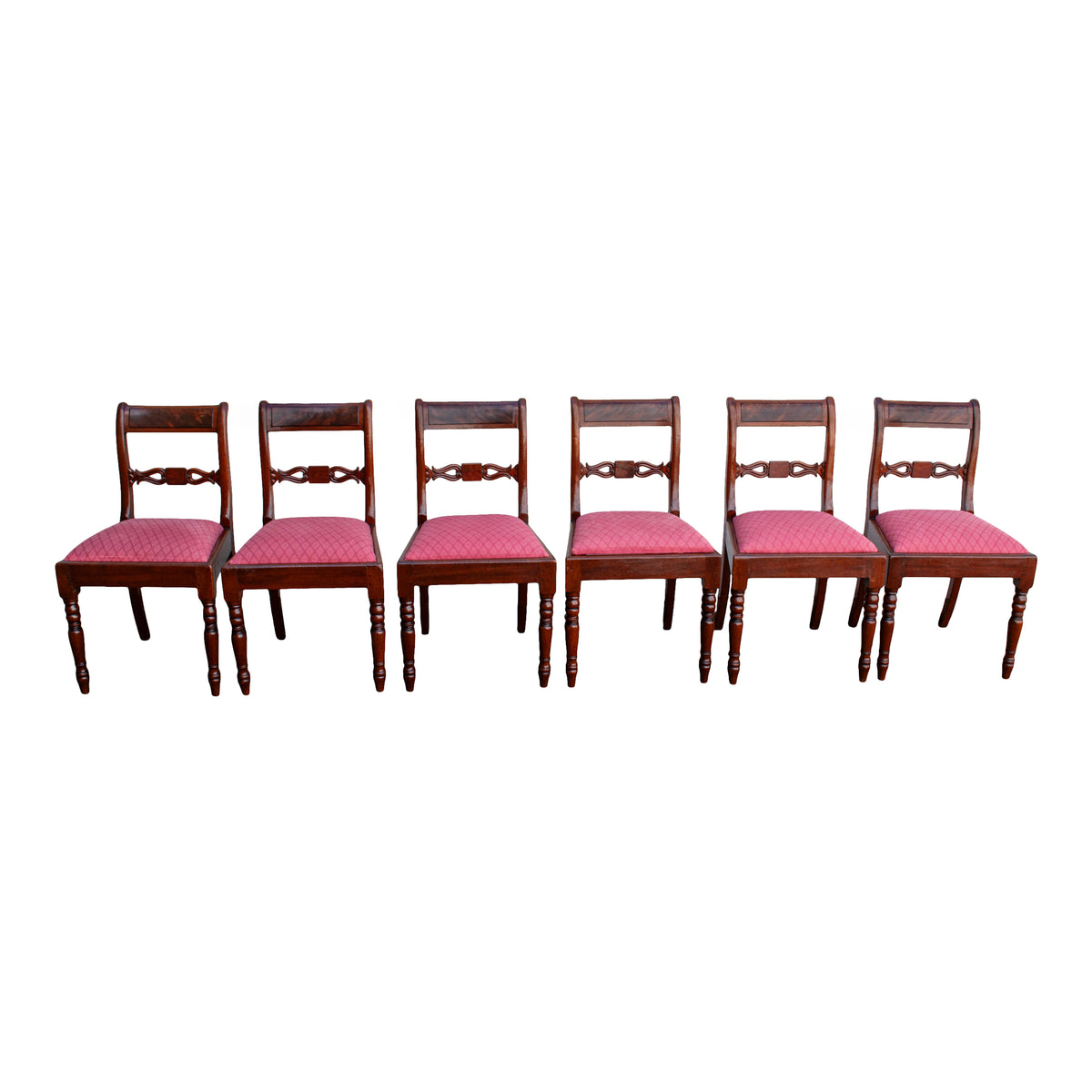 Antique Set Eight Georgian Regency Flame Mahogany Dining Chairs Armchairs 1820