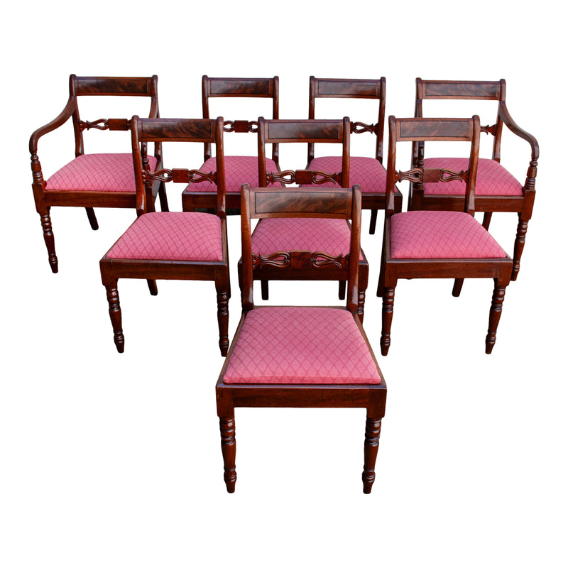 Antique Set Eight Georgian Regency Flame Mahogany Dining Chairs Armchairs 1820