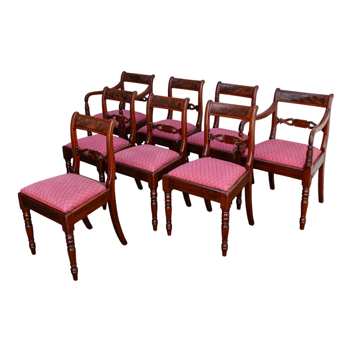 Antique Set Eight Georgian Regency Flame Mahogany Dining Chairs Armchairs 1820