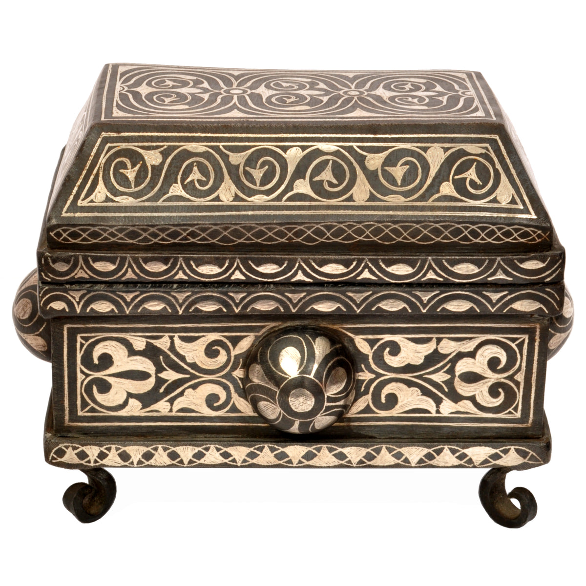 Antique 19th Century Indian Bidriware Pandan Silver & Brass Casket Jewelry Box
