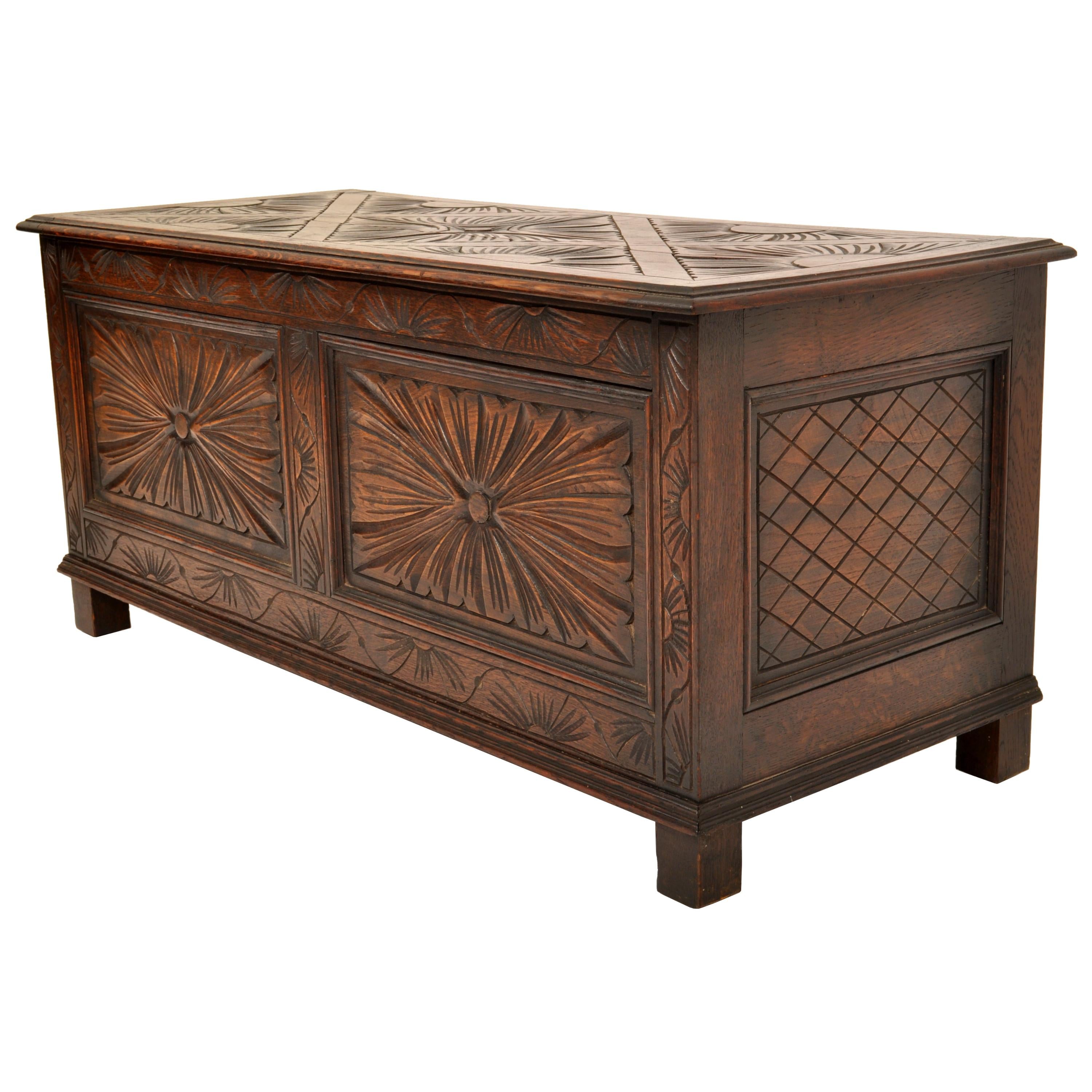 Antique English Arts & Crafts Carved Oak Coffer Blanket Chest