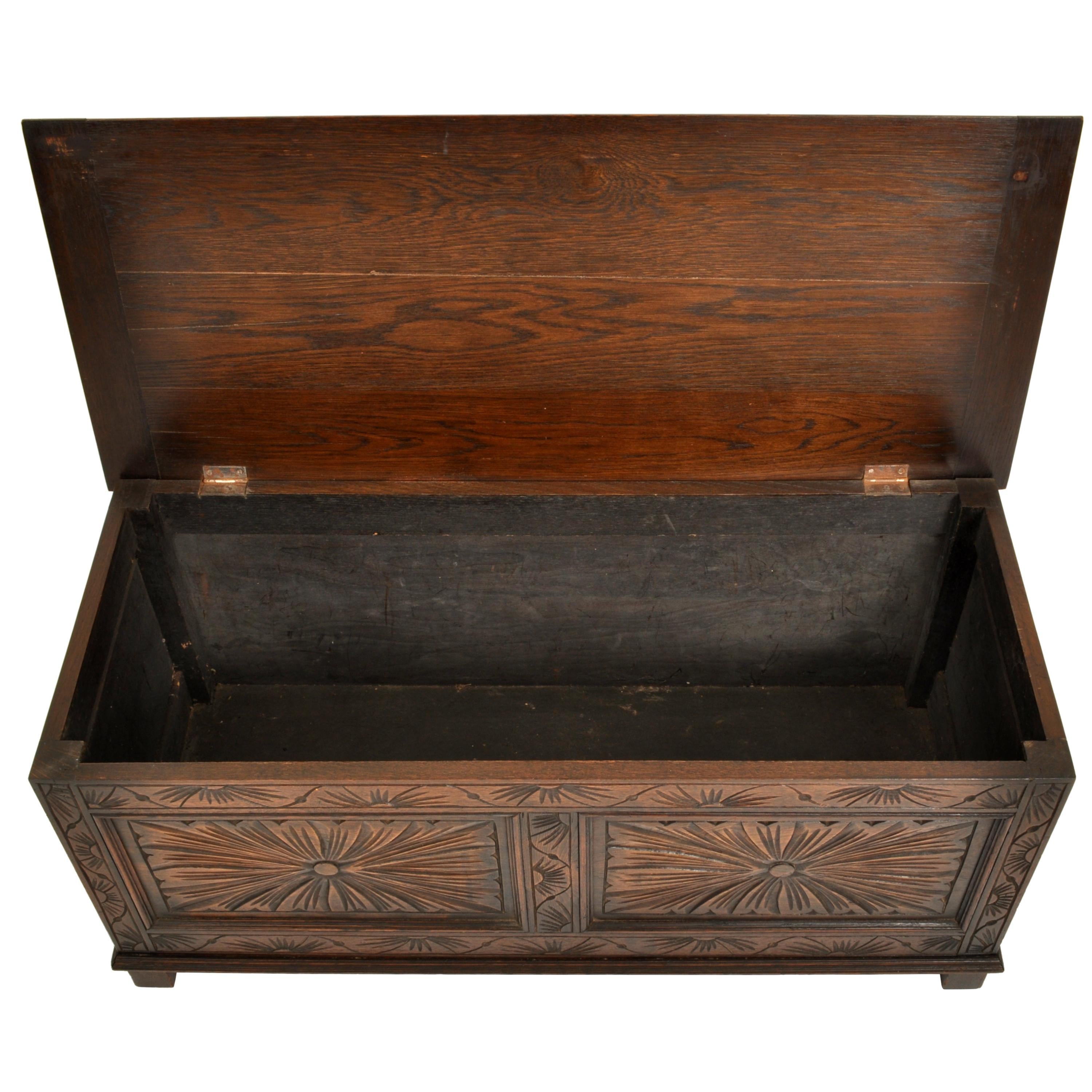 Antique English Arts & Crafts Carved Oak Coffer Blanket Chest