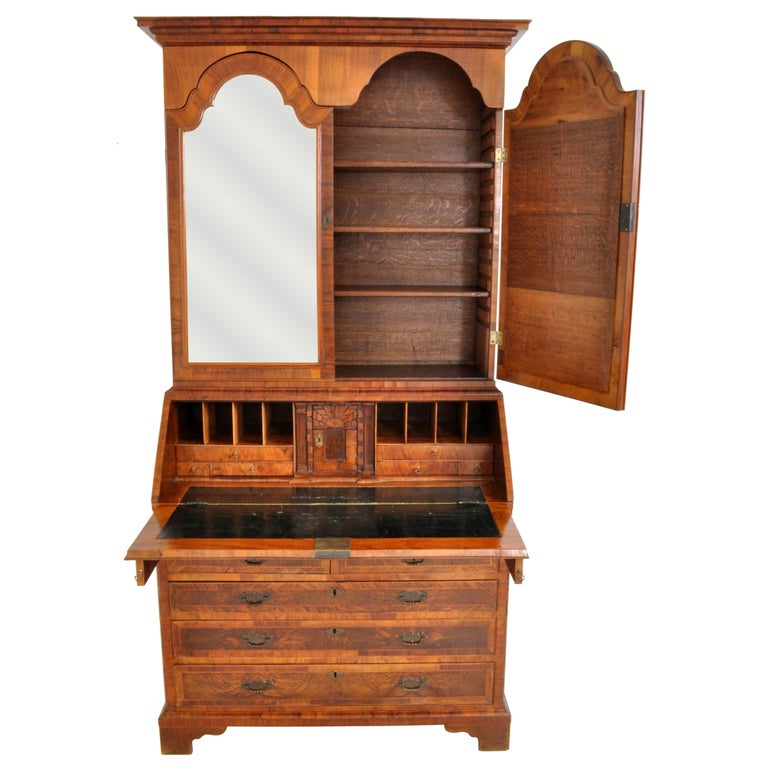 Antique Georgian George II Figured Walnut Bookcase Bureau Secretary Desk, 1750