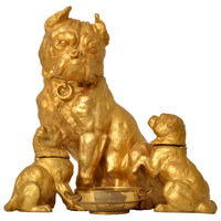 Large Antique Austrian Gilded Bronze Desk Set Sculpture Pug Dogs & Puppies, Circa 1910