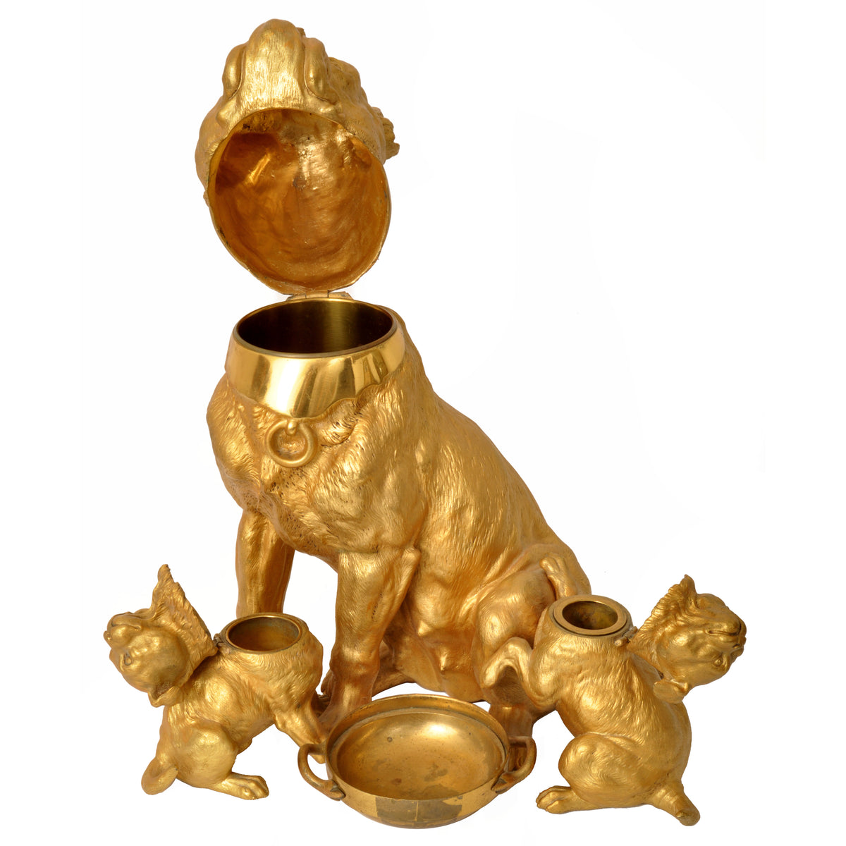 Large Antique Austrian Gilded Bronze Desk Set Sculpture Pug Dogs & Puppies, Circa 1910