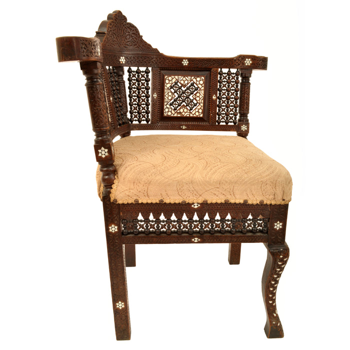 Antique Islamic Moorish Syrian Carved Inlaid Mother of Pearl Corner Chair 1880
