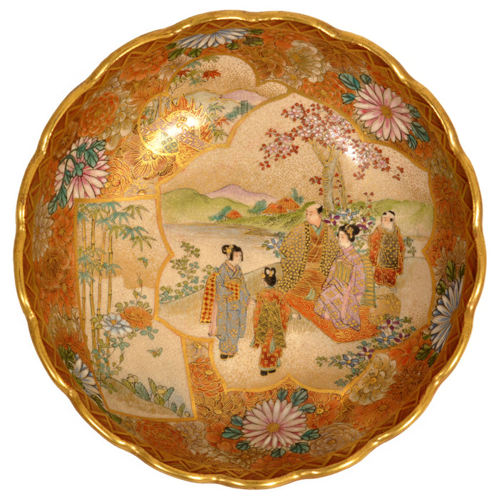 Antique Japanese Meiji Period Satsuma Pottery Bowl Imperial Figures Kizan 1890