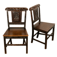 Pair Antique Georgian Carved Oak Country Medieval Side Chairs King's Head 1760