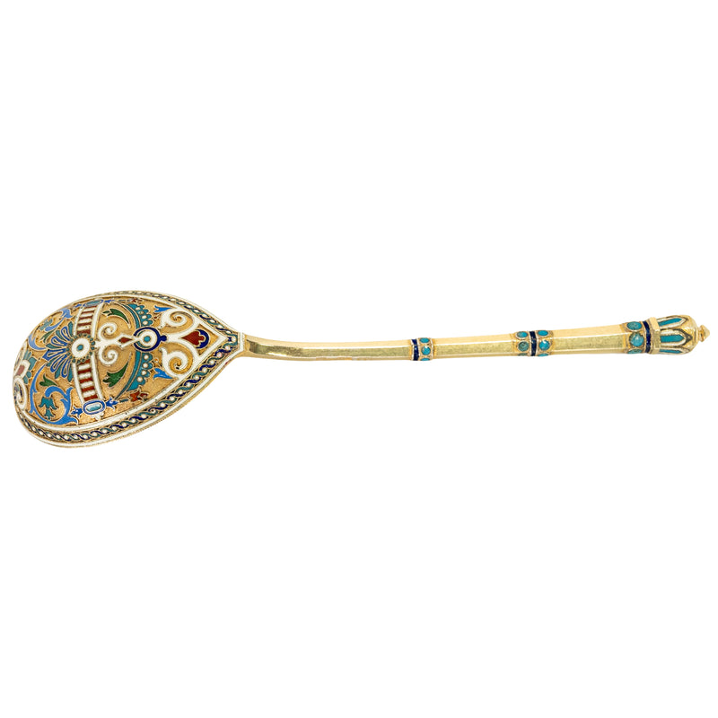 Antique Large Silver Imperial Russian Cloisonne Spoon Alexi Kitovsky Moscow 1886