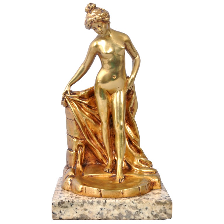 Antique French Art Nouveau Gilt Bronze Statue Sculpture Female Nude Bather 1895 by Eugene Victor Cherrier