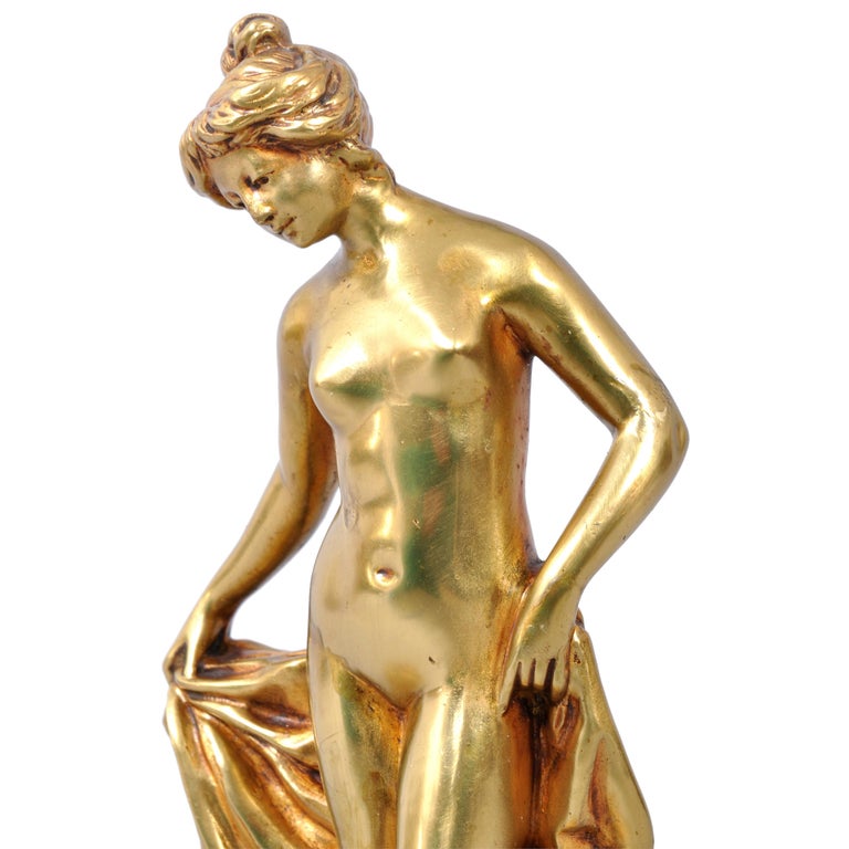 Antique French Art Nouveau Gilt Bronze Statue Sculpture Female Nude Bather 1895 by Eugene Victor Cherrier