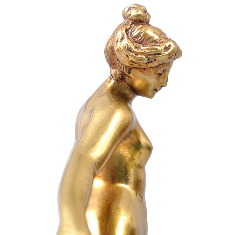 Antique French Art Nouveau Gilt Bronze Statue Sculpture Female Nude Bather 1895 by Eugene Victor Cherrier