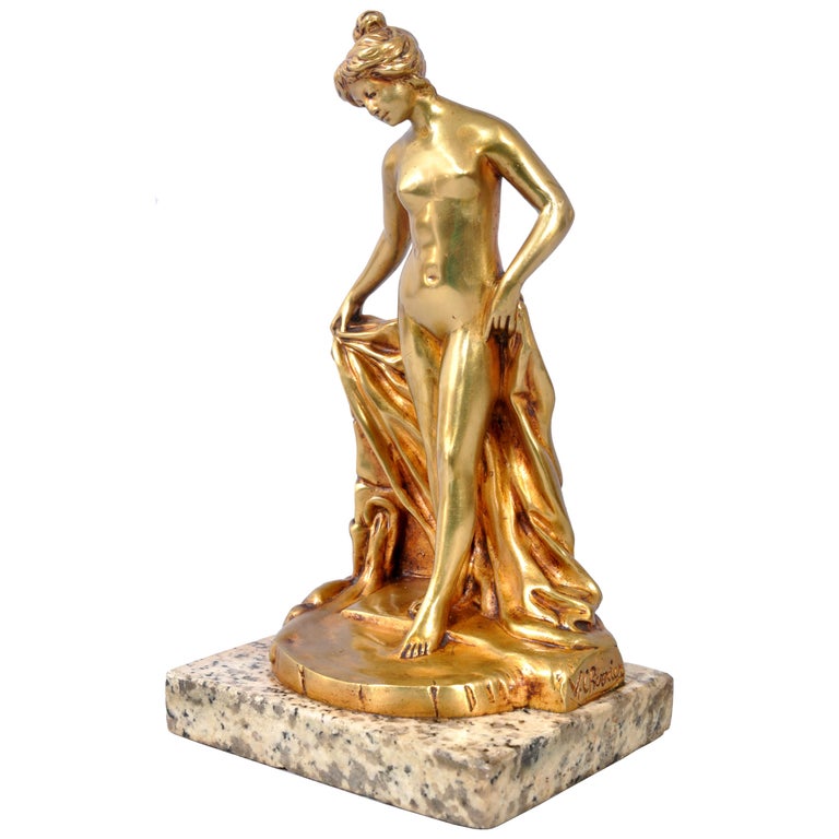 Antique French Art Nouveau Gilt Bronze Statue Sculpture Female Nude Bather 1895 by Eugene Victor Cherrier