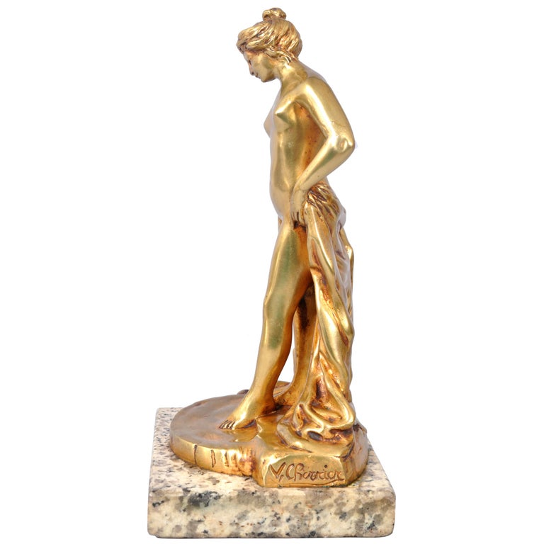 Antique French Art Nouveau Gilt Bronze Statue Sculpture Female Nude Bather 1895 by Eugene Victor Cherrier