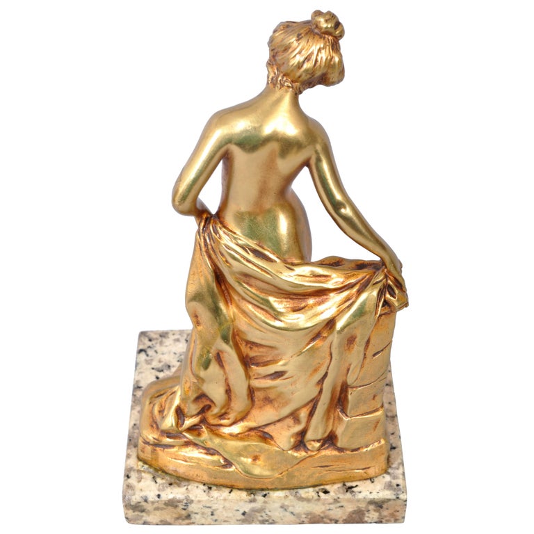 Antique French Art Nouveau Gilt Bronze Statue Sculpture Female Nude Bather 1895 by Eugene Victor Cherrier