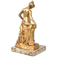 Antique French Art Nouveau Gilt Bronze Statue Sculpture Female Nude Bather 1895 by Eugene Victor Cherrier