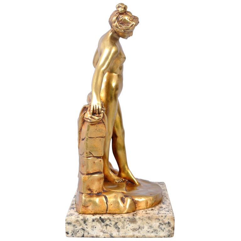 Antique French Art Nouveau Gilt Bronze Statue Sculpture Female Nude Bather 1895 by Eugene Victor Cherrier