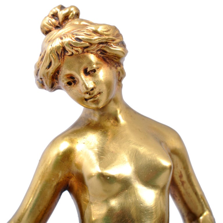 Antique French Art Nouveau Gilt Bronze Statue Sculpture Female Nude Bather 1895 by Eugene Victor Cherrier