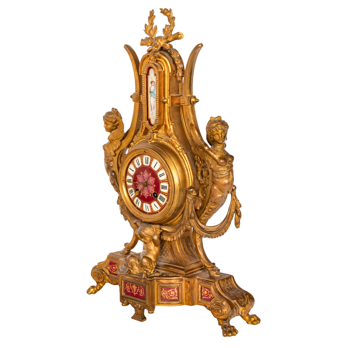 Antique French Gilt Bronze Porcelain 8 Day Japy Freres Mantel Clock & Stand 1855