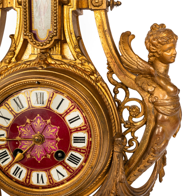 Antique French Gilt Bronze Porcelain 8 Day Japy Freres Mantel Clock & Stand 1855