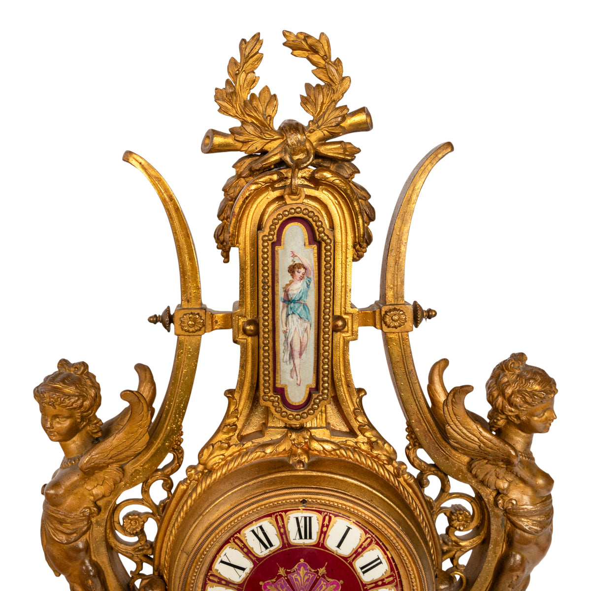 Antique French Gilt Bronze Porcelain 8 Day Japy Freres Mantel Clock & Stand 1855